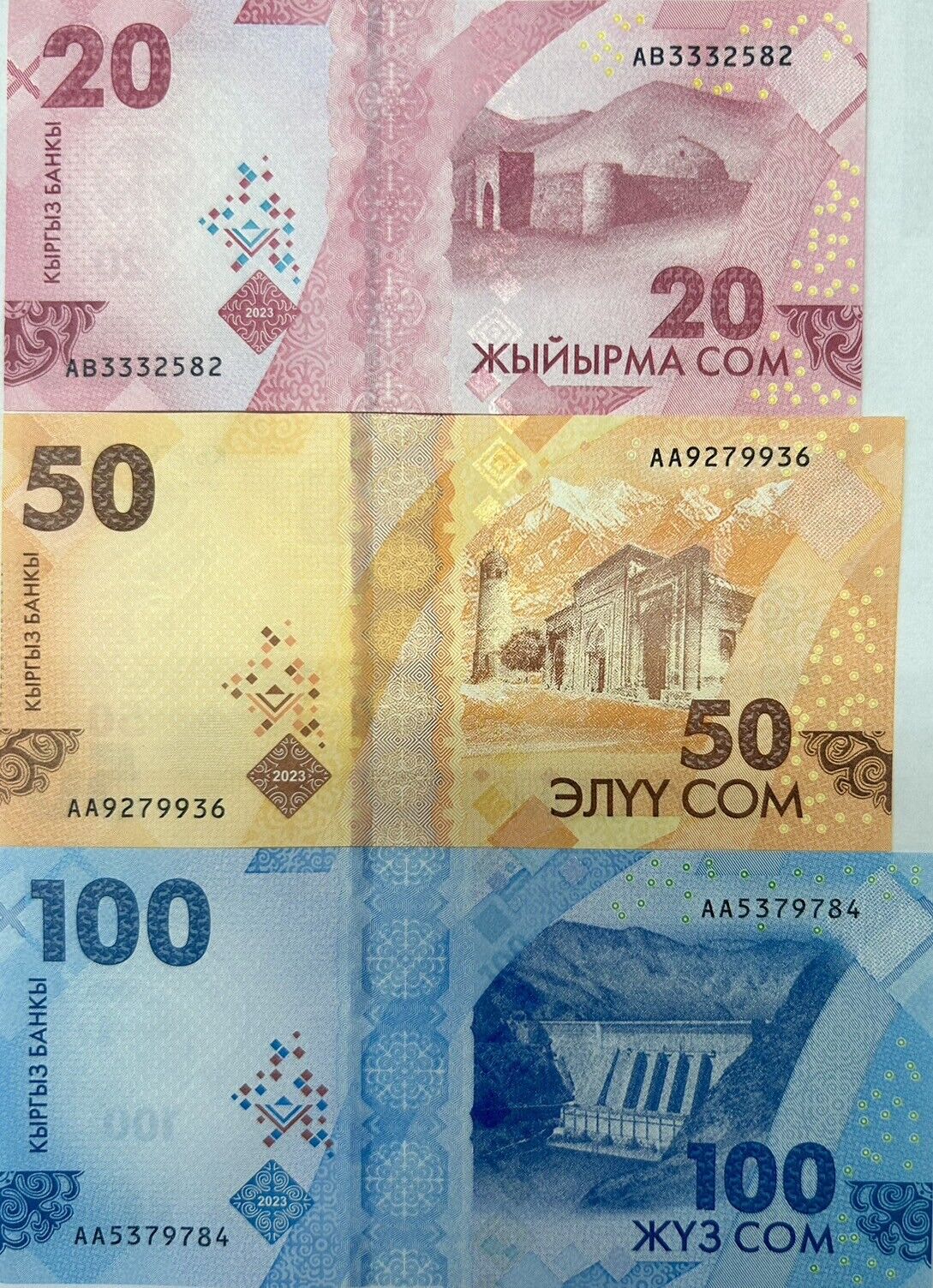 Kyrgyzstan Set 3 UNC 20 50 100 Som 2023/2024 P NEW DESIGN LOT 5 SETS 15 Pcs
