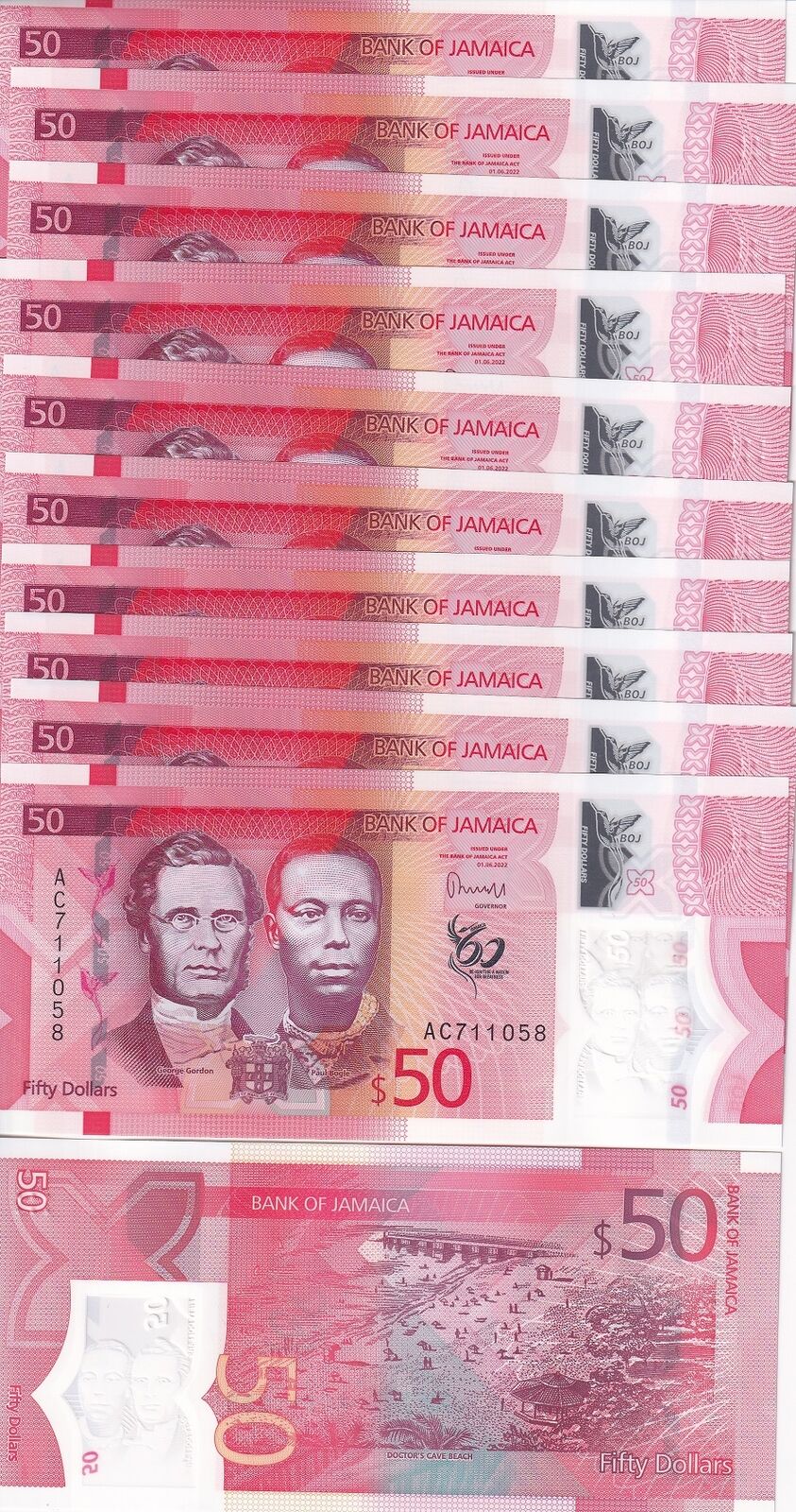 Jamaica 50 Dollars 2022 / 2023 P 96 NEW Polymer LOT 10 UNC