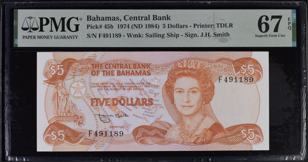 Bahamas 5 Dollar 1974 ND 1984 P 45 b Superb Gem UNC PMG 67 EPQ – Noteshobby