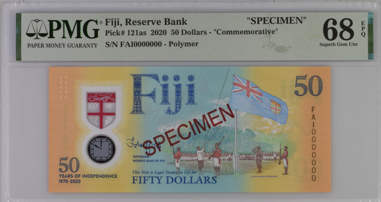 Fiji 50 Dollars ND 2020 P 121 as SPECIMEN Superb Gem UNC PMG 68 EPQ Top Pop