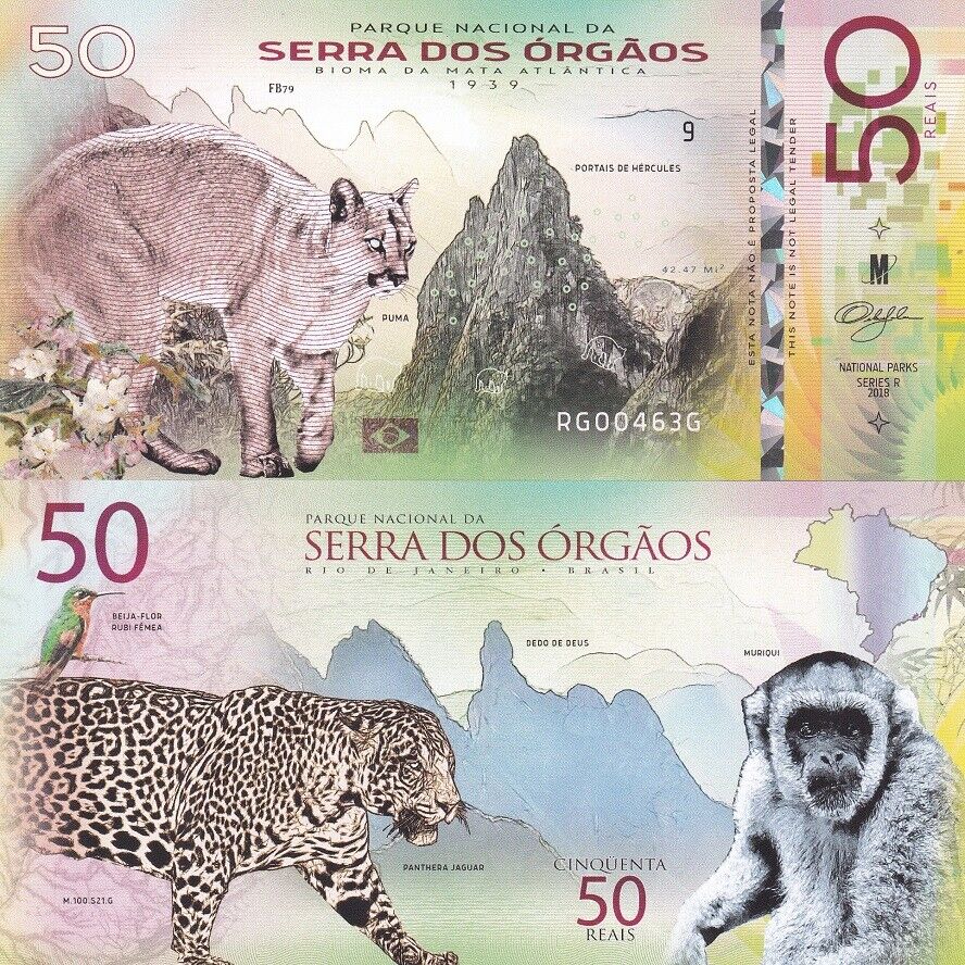 Brazil Serra dosOrgaos National Park 50 Reais Polymer 2018 Jaguar Monkey UNC