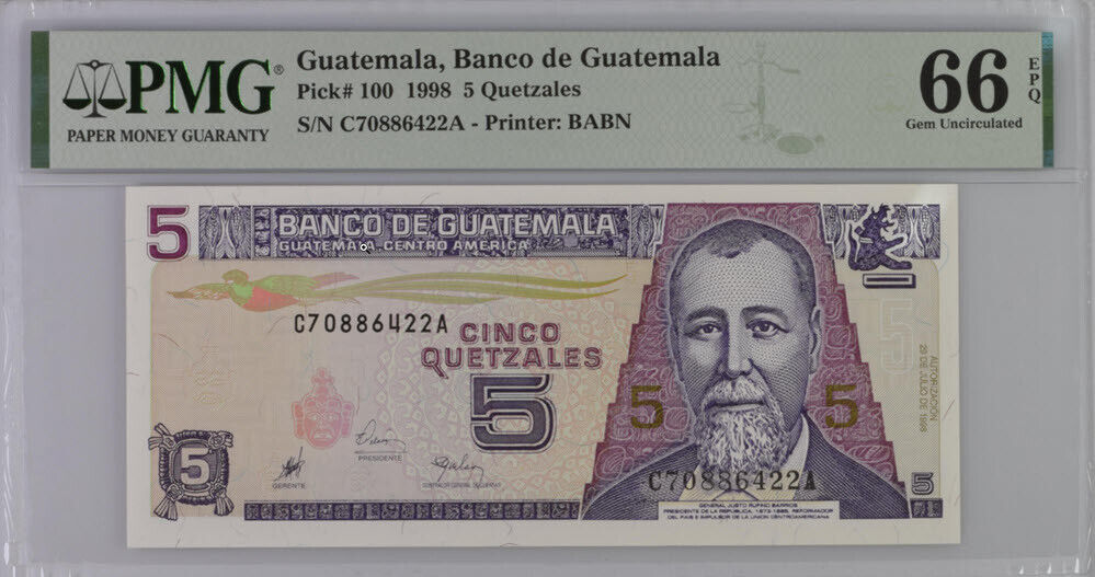 Guatemala 5 Quetzales 1998 P 100 Gem UNC PMG 66 EPQ