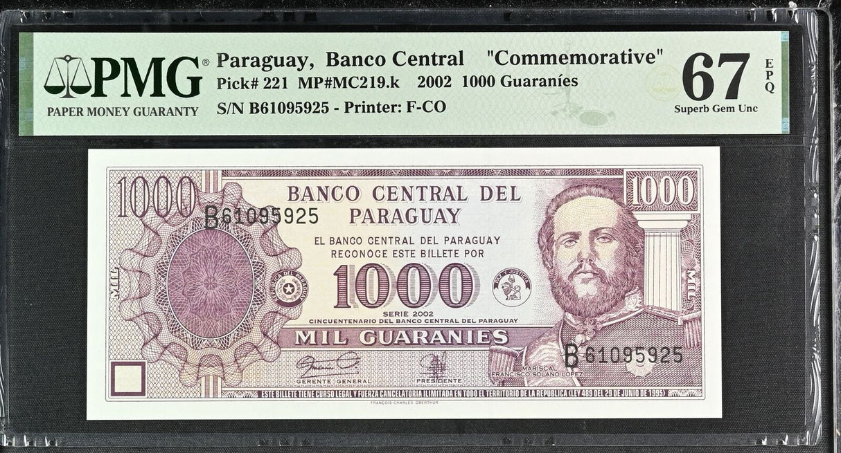 Paraguay 1000 Guaranies 2002 P 221 Comm. Superb Gem UNC PMG 67 EPQ