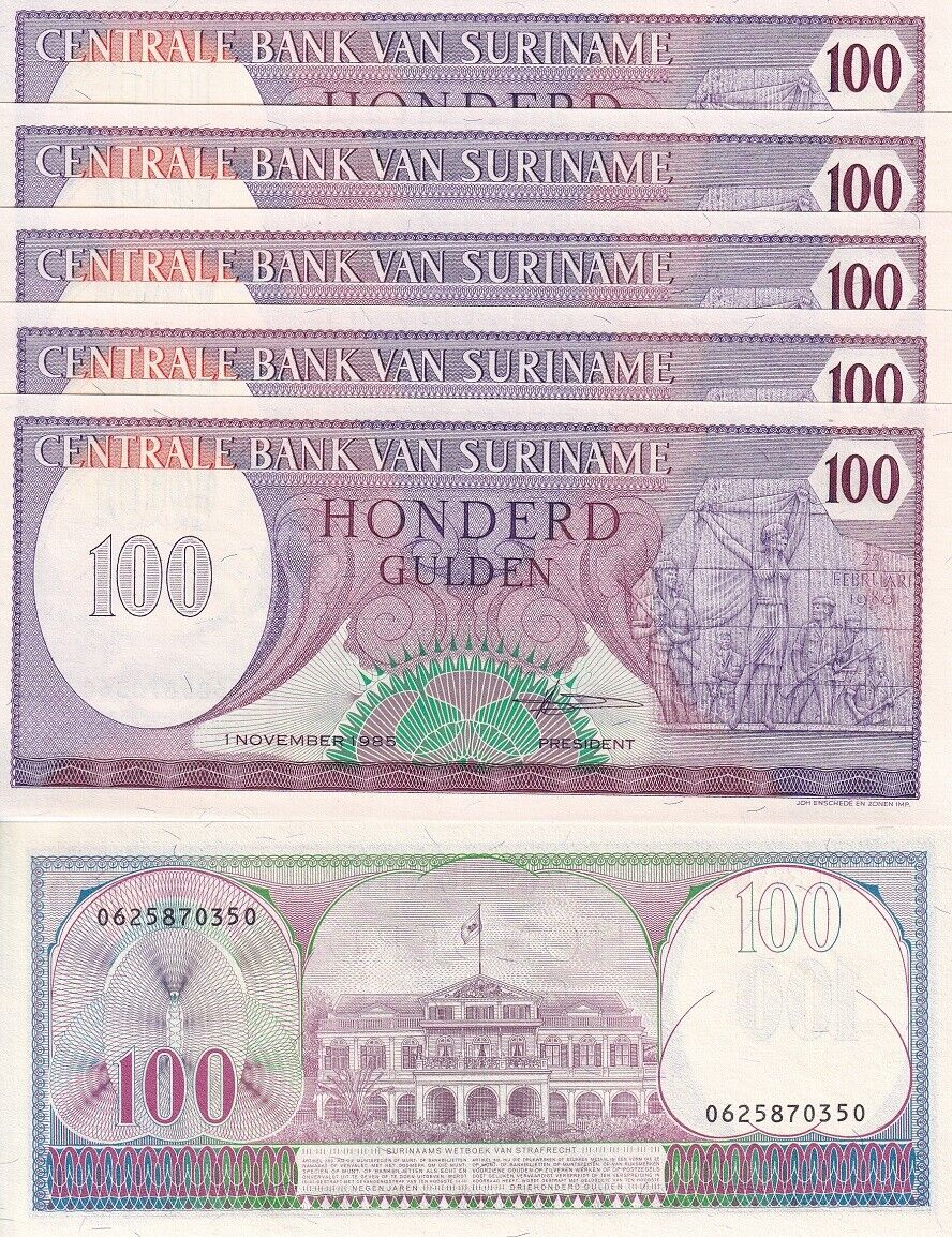 Suriname 100 Gulden 1985 P 128 b UNC LOT 5 PCS