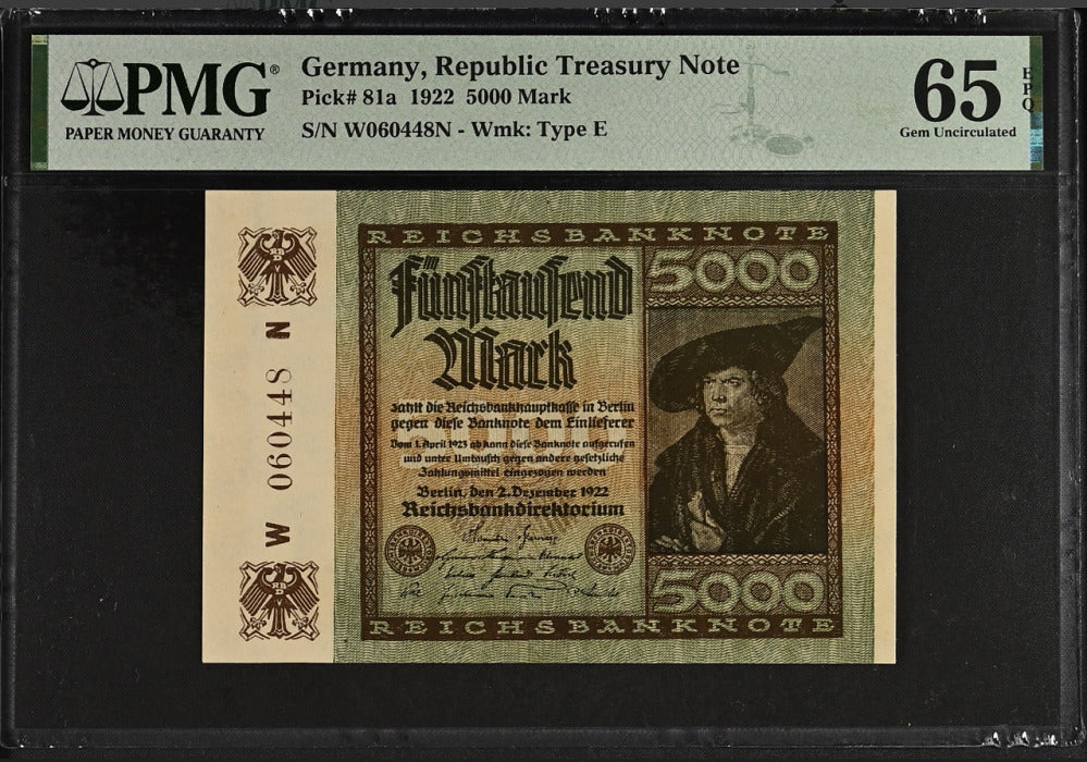 Germany Treasury 5000 Mark 1922 P 81 a Gem UNC PMG 65 EPQ
