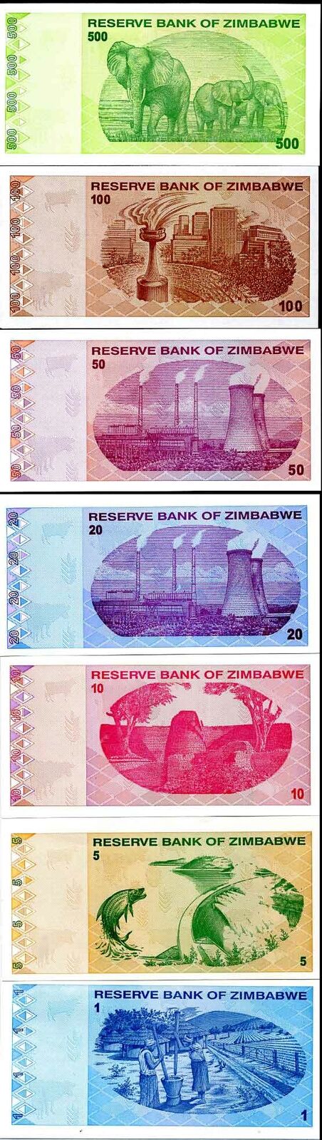 ZIMBABWE SET 7 UNC 1 5 10 20 50 100 500 DOLLARS 2009 P 92 93 94 95 96 97 98