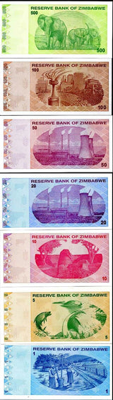 ZIMBABWE SET 7 UNC 1 5 10 20 50 100 500 DOLLARS 2009 P 92 93 94 95 96 97 98