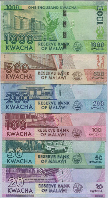 Malawi Set 6 Pcs 20 50 100 200 500 1000 Kwacha Random Date P 60 63 64 65 66 UNC