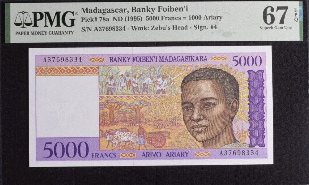 Madagascar 5000 Francs 1000 Ariary ND 1995 P 78 a Superb GEm UNC PMG 67 EPQ