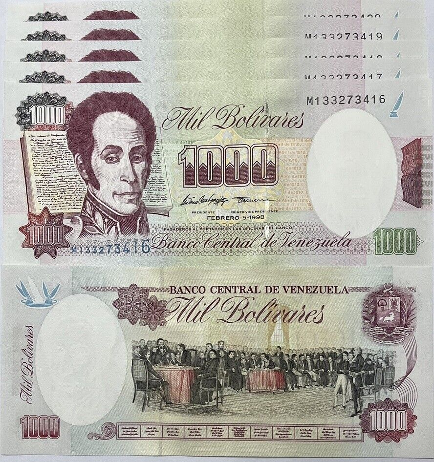 Venezuela 1000 Bolivares 1998 P 76 c UNC LOT 5 PCS