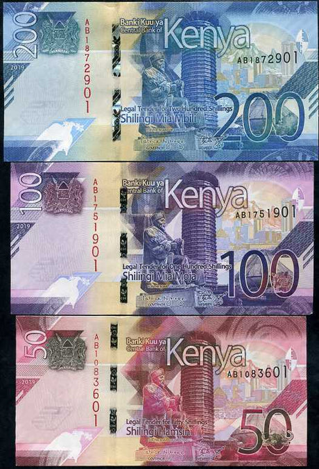 Kenya Set 3 Pcs 50 100 200 Shillings 2019 P 52 53 54 UNC