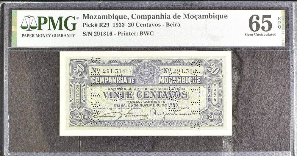 Mozambique 20 Centavos 1933 P R29 Gem UNC PMG 65 EPQ
