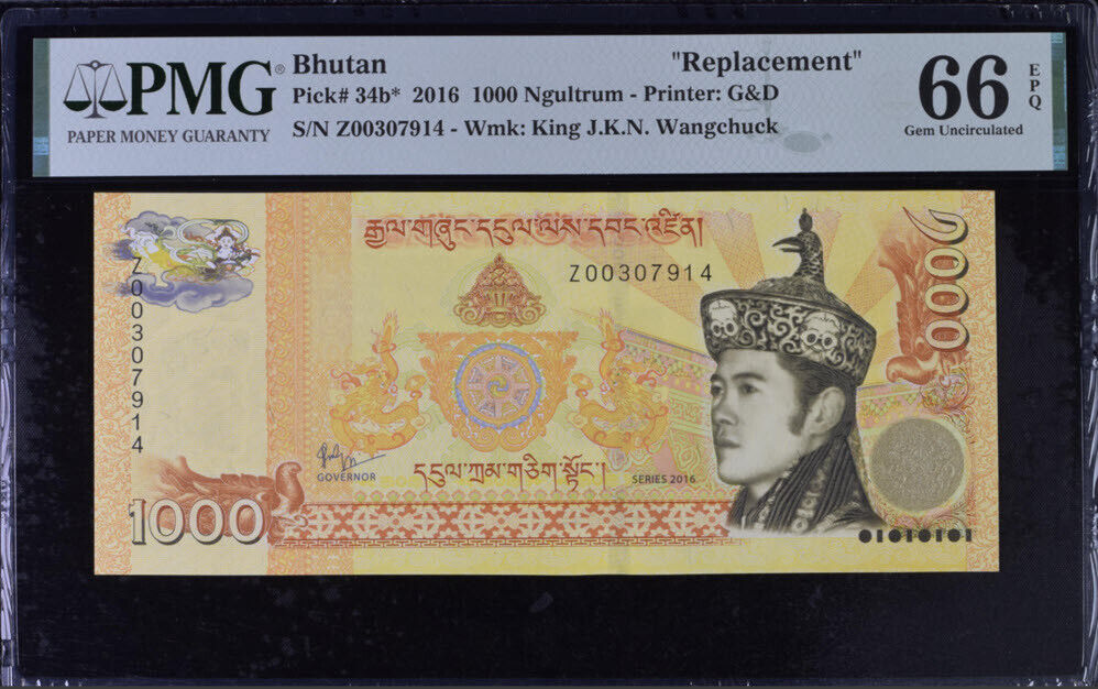 Bhutan 1000 Ngultrum 2016 P 34 b* Replacement Z Prefix Gem UNC PMG 66 EPQ