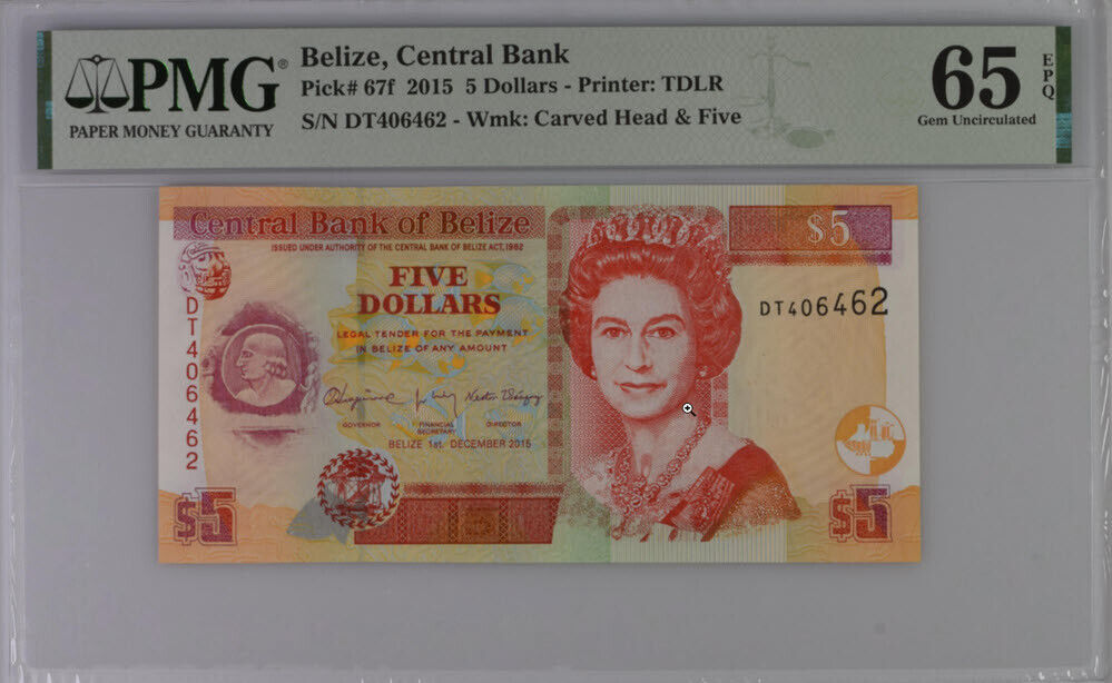 Belize 5 Dollars 2015 P 67 f GEM UNC PMG 65 EPQ