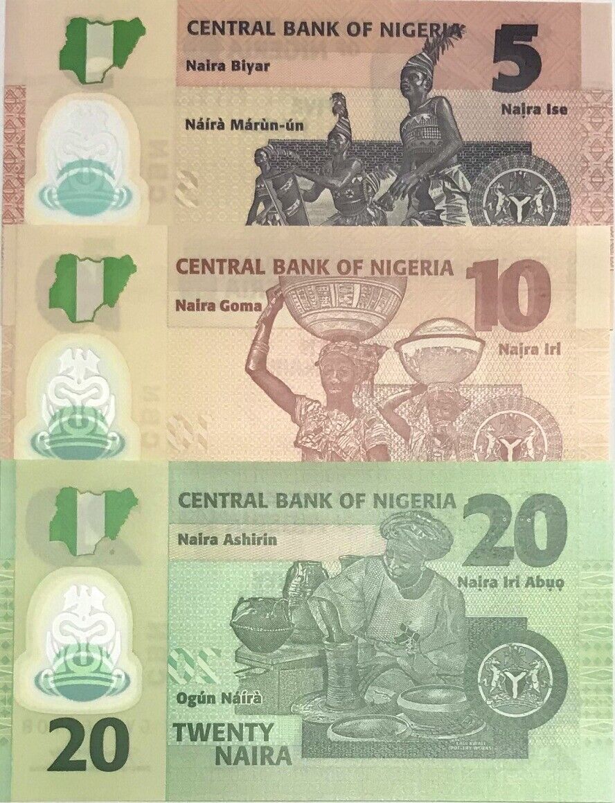 Nigeria Set 3 Pcs 5 10 20 Naira Mixed Year P 34 P 38 P 39 Polymer UNC