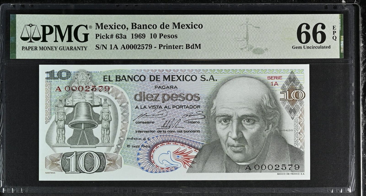 Mexico 10 Pesos 1969 P 63 a Gem UNC PMG 66 EPQ
