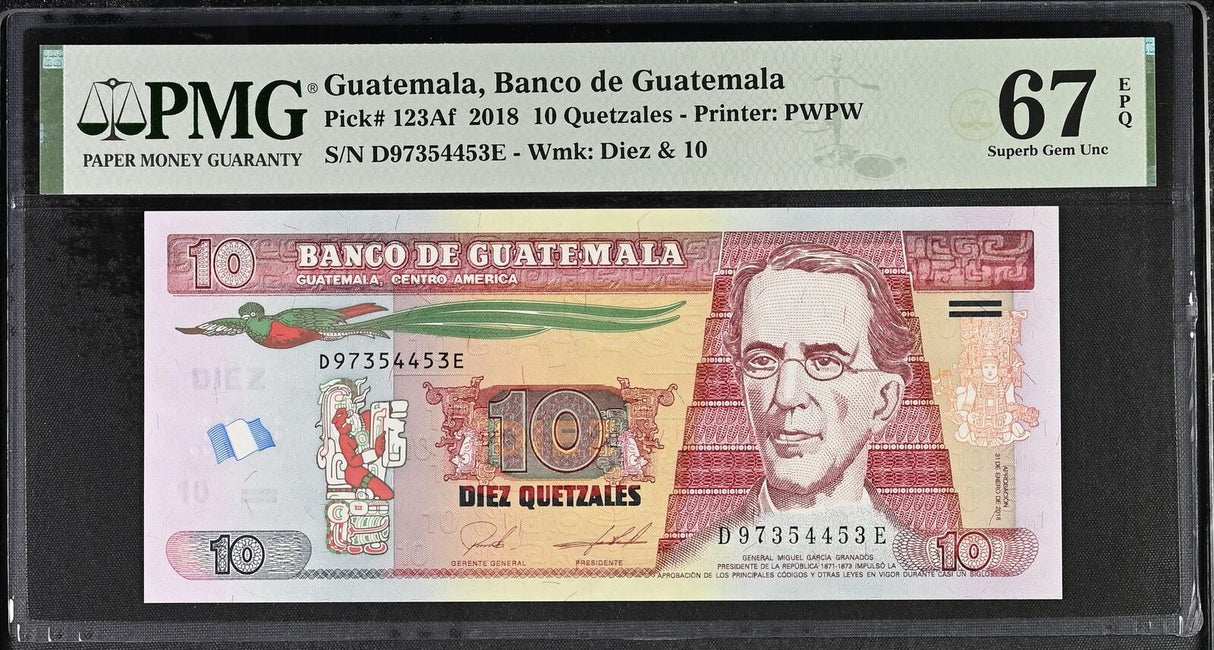 Guatemala 10 Quetzales 2018 P 123Af Superb Gem UNC PMG 67 EPQ