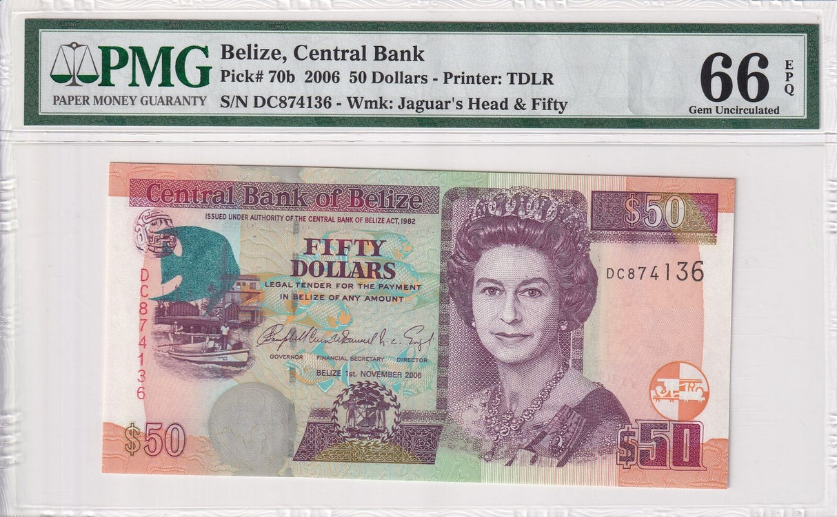 Belize 50 Dollars 2006 P 70 b Gem UNC PMG 66 EPQ