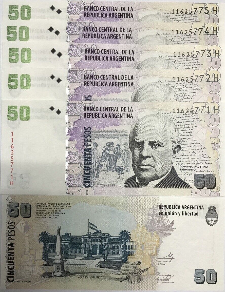 Argentina 50 Pesos ND (2003-2015) P 356 SERIES H UNC LOT 5 PCS