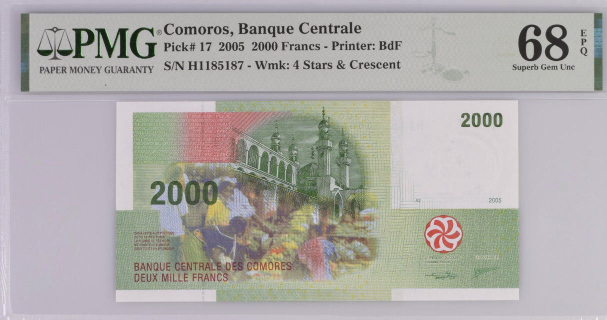 Comoros 2000 Francs 2005 P 17 Superb Gem UNC PMG 68 EPQ