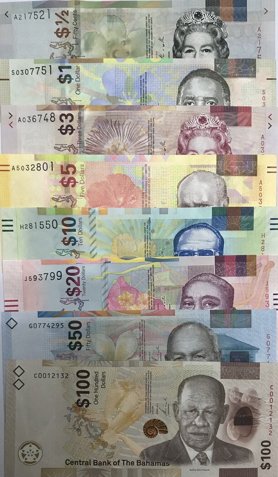 Bahamas Set 8 Pcs 1/2 1 3 5 10 20 50 100 Dollar 2016- 2021 P WA77 - P W82  UNC