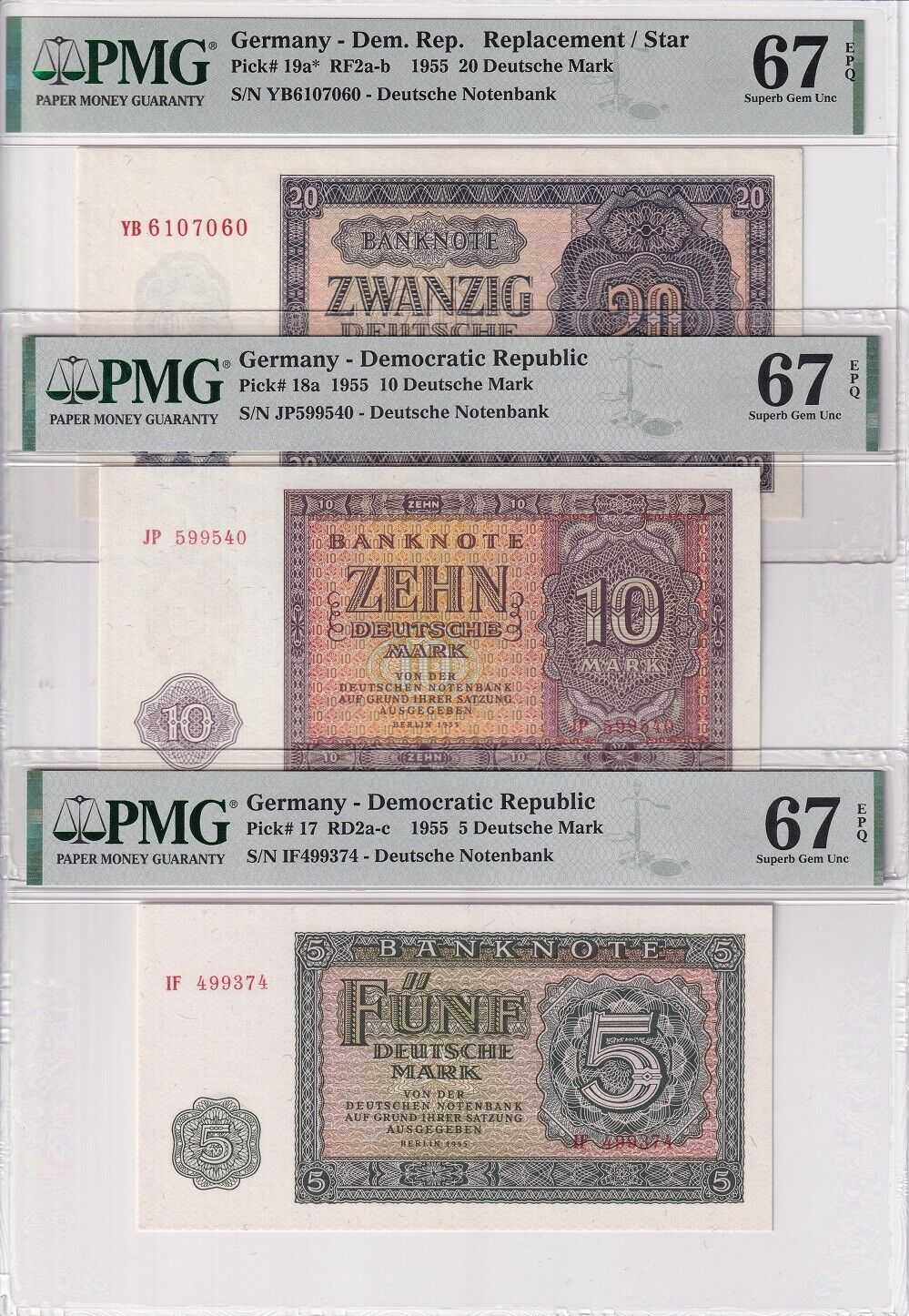 Germany Dem Set 3, 5 10 20 Mark 1955 P 17 P 18a P 19a*Rep Superb Gem UNC 67 EPQ