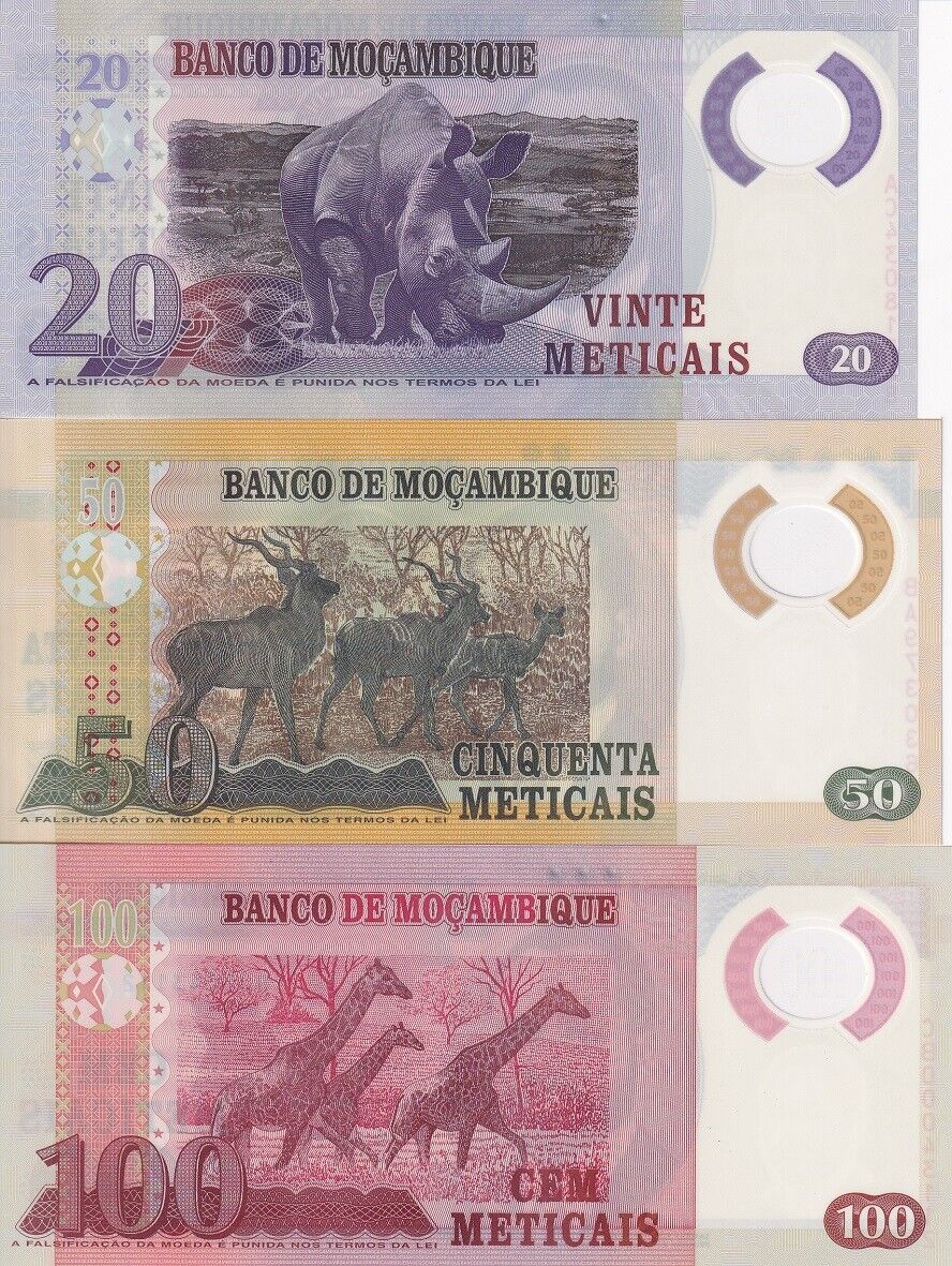 Mozambique Set 3 UNC 20 50 100 Meticais 2011-2017 P 149 150 151 Polymer