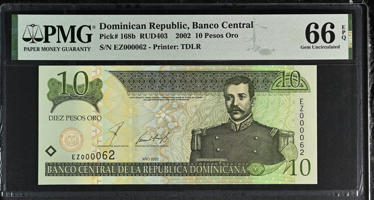 Dominican Republic 10 Pesos 2002 Low serial # 2 Digit P 168 b Gem UNC PMG 66 EPQ