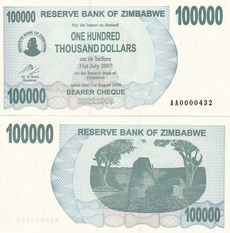 Zimbabwe 100000 Dollars 2006 Without Space P 48 a Low Serial UNC