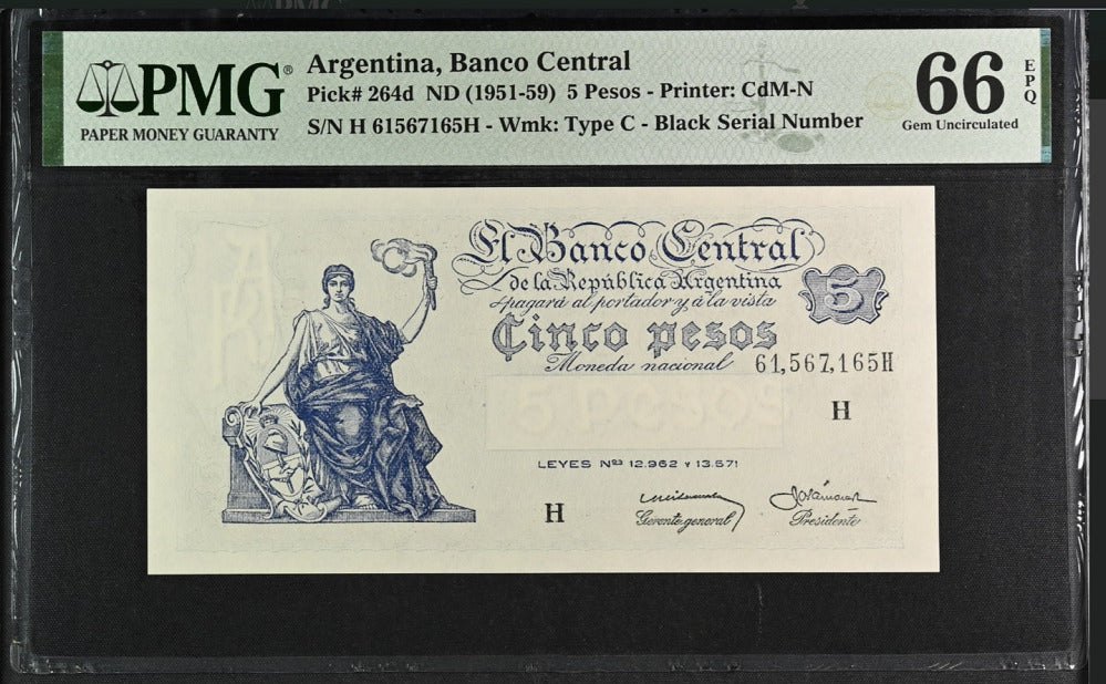 Argentina 5 Pesos ND 1951-59 P 264 d Gem UNC PMG 66 EPQ