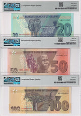 Zimbabwe Set 6; 2 5 10 -100 Dollars 2019-20 P101-P106 SuperbGem PMG 66 67 68 EPQ
