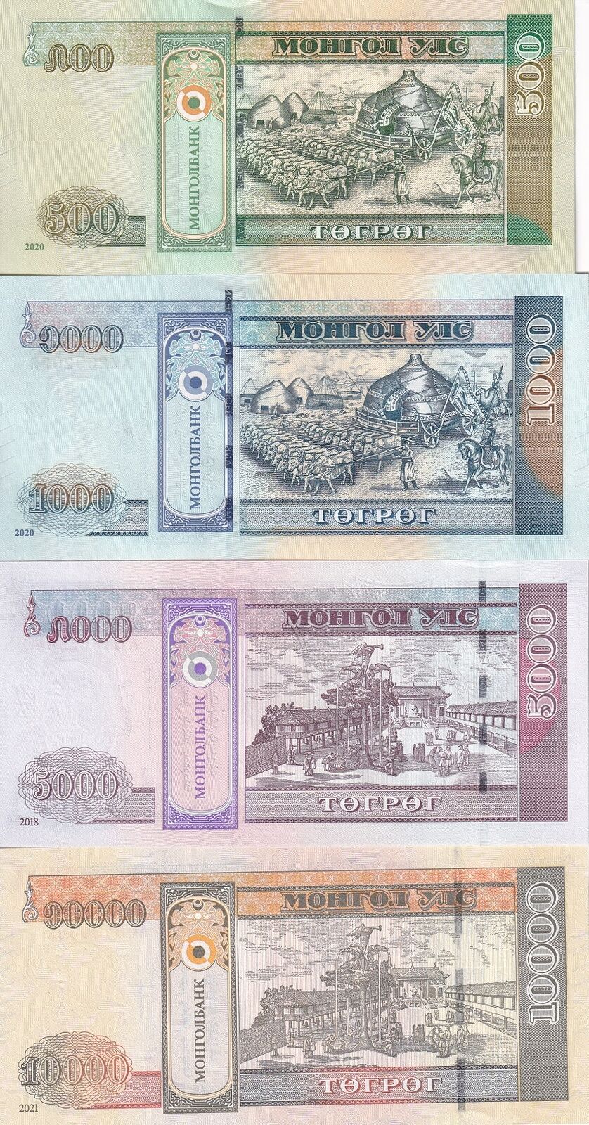 Mongolia SET 4 PCS 500 1000 5000 10000 TUGRIK 2013-2021 P 68 P 74 P 75 P 77 UNC