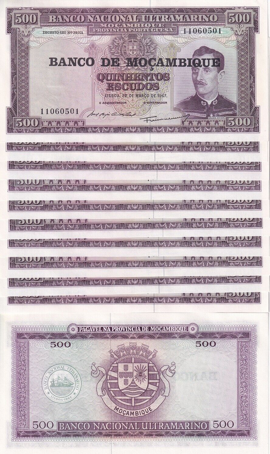 Mozambique 500 Escudos 1967-76 P 118 UNC LOT 10 PCS