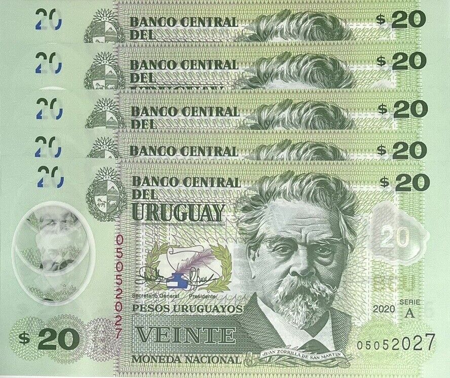 Uruguay 20 Pesos 2020 P 101 Polymer UNC LOT 5 PCS