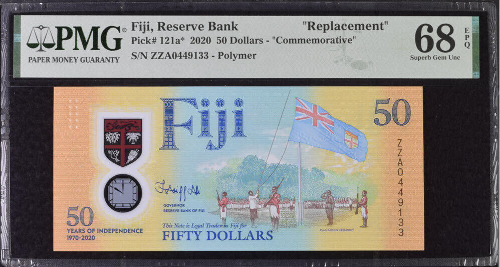 Fiji 50 Dollars ND 2020 P 121* Replacement ZZA Polymer Superb GEM UNC PMG 68 EPQ