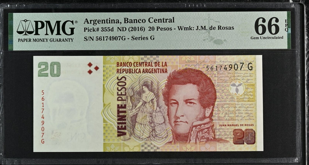 Argentina 20 Pesos Argentinos ND 2016 P 355 d Gem UNC PMG 66 EPQ