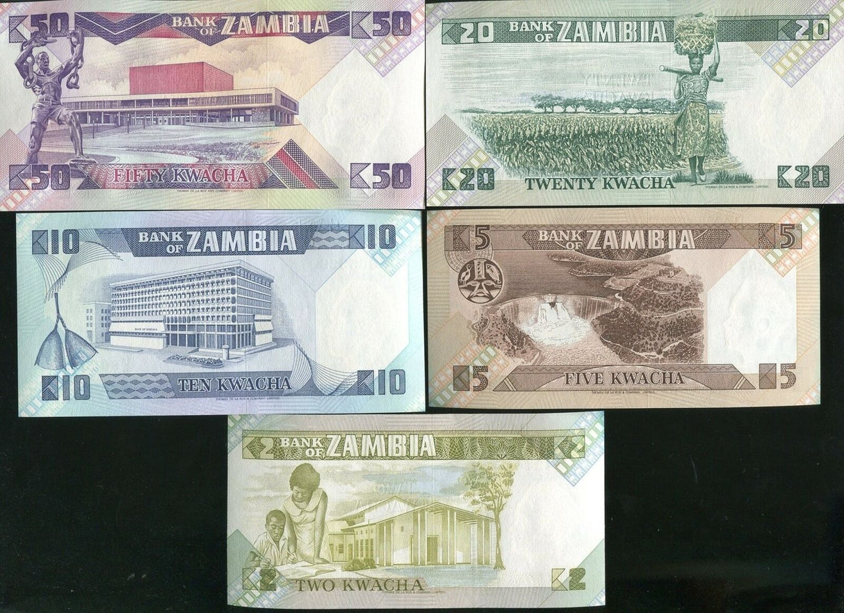 Zambia Set 5 Pcs 2 5 10 20 50 Kwacha ND 1980 P 24 25 26 27 28 UNC