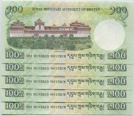 Bhutan 100 Ngultrum 2020 P 32 New Date New Sign UNC LOT 5 PCS
