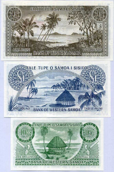 Western Samoa Set 3 UNC 10 Shilling 1 5  Pound 1963 / 2020 Reprint P 13 14 15