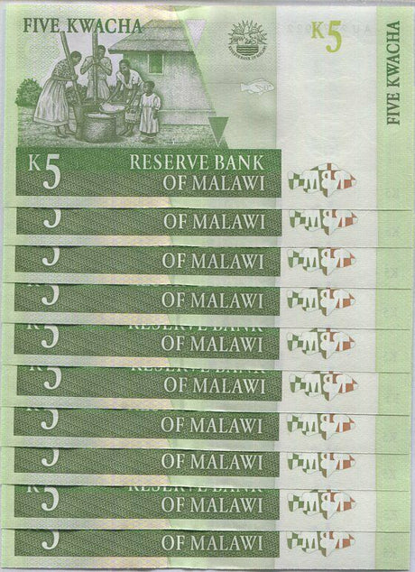 MALAWI 5 KWACHA 1997 P 36 UNC LOT 10 PCS 1/10 BUNDLE