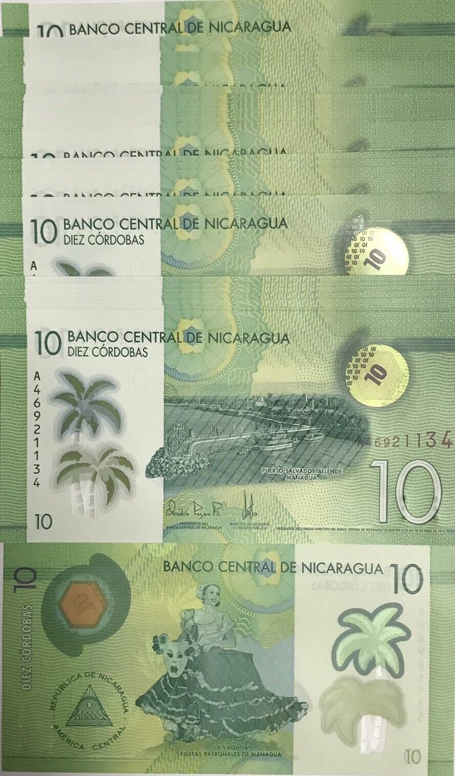 Nicaragua 10 Cordobas 2019 P 209 Polymer UNC Lot 25 Pcs