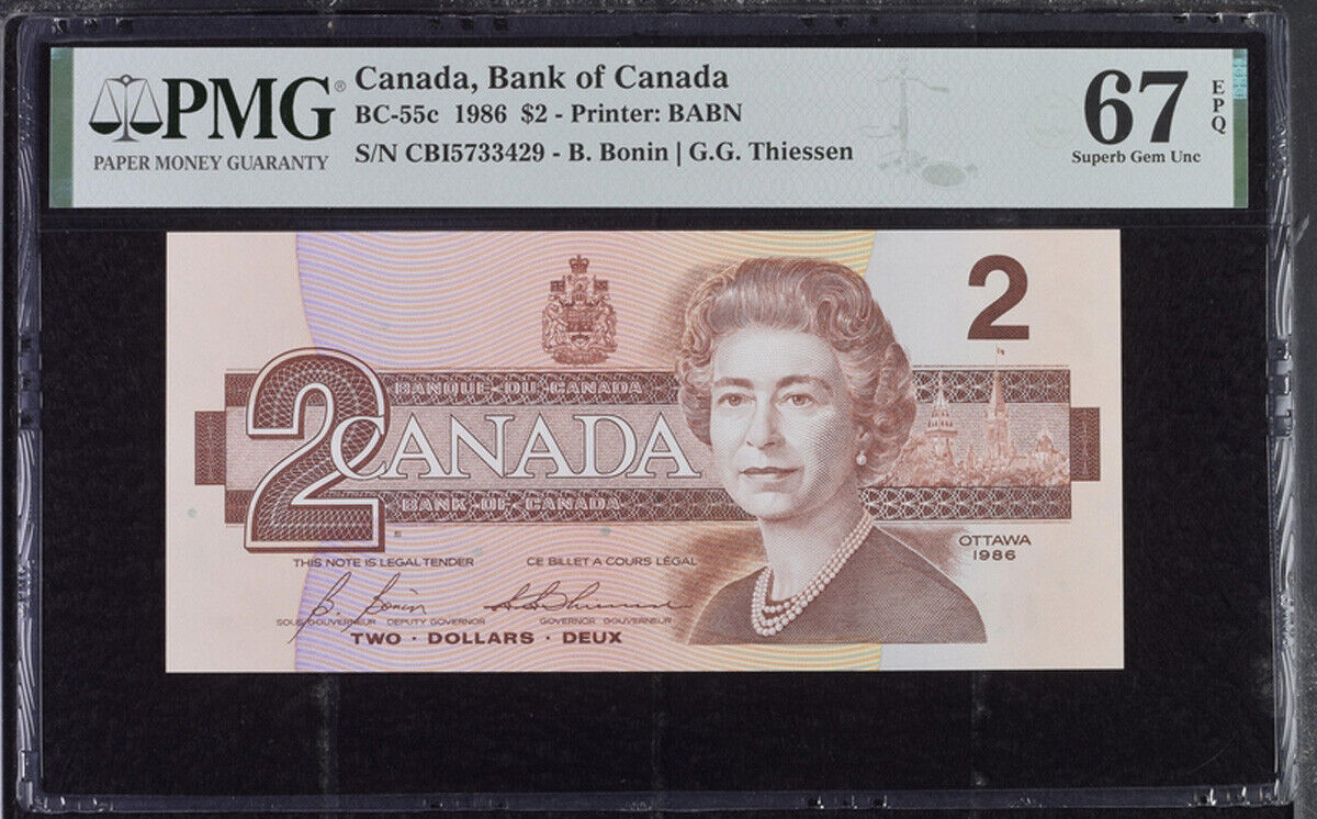 Canada 2 Dollars 1986 P 94 Bonin Thiessen BC-55c Superb Gem UNC PMG 67 EPQ