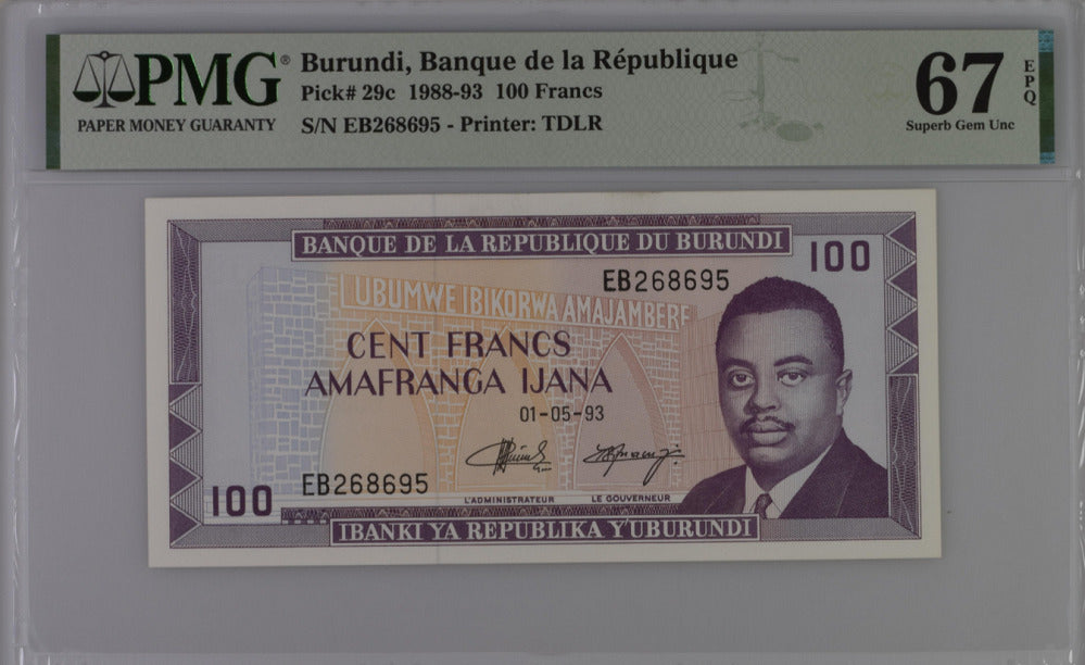 Burundi 100 Francs 1988-93 P 29 c Superb Gem UNC PMG 67 EPQ