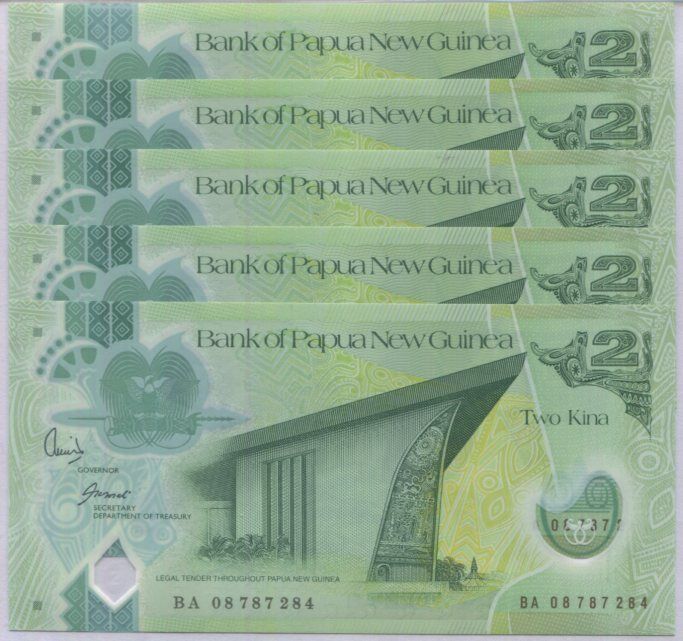Papua New Guinea 2 Kina 2008 Polymer P 28 UNC Lot 5 PCS