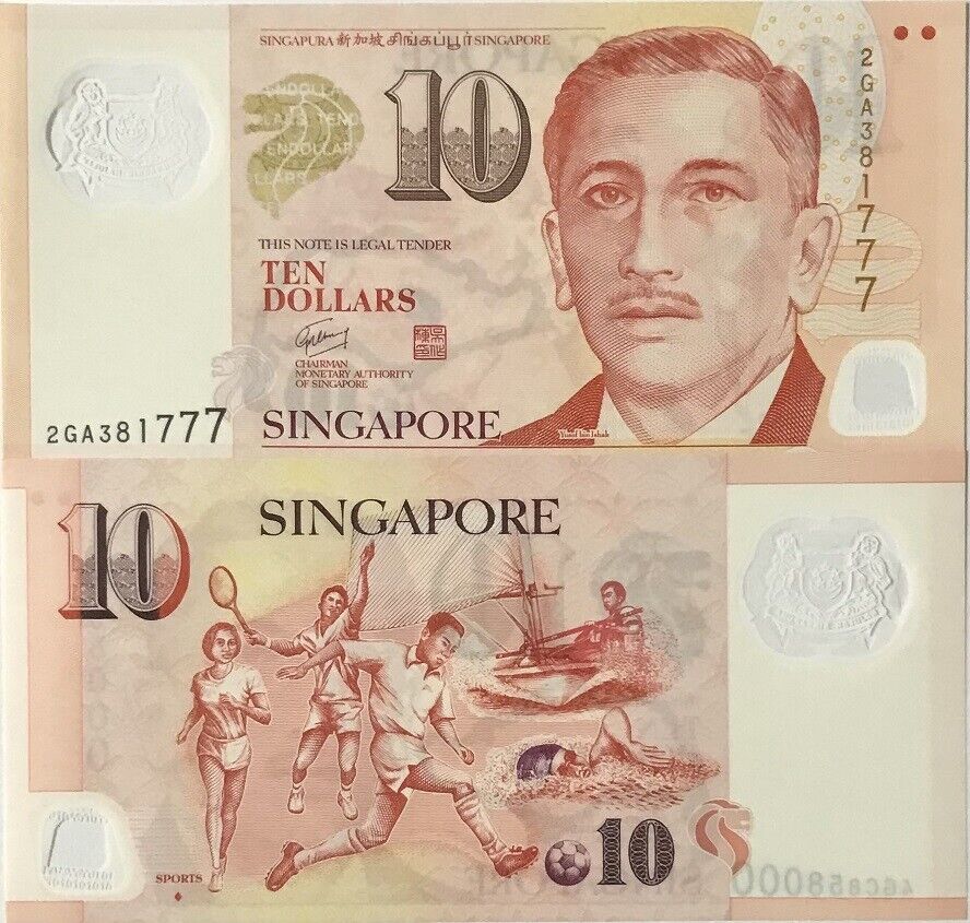 Singapore 10 Dollars ND 2004-2022 back below word "SPORTS" Polymer P 48 f UNC