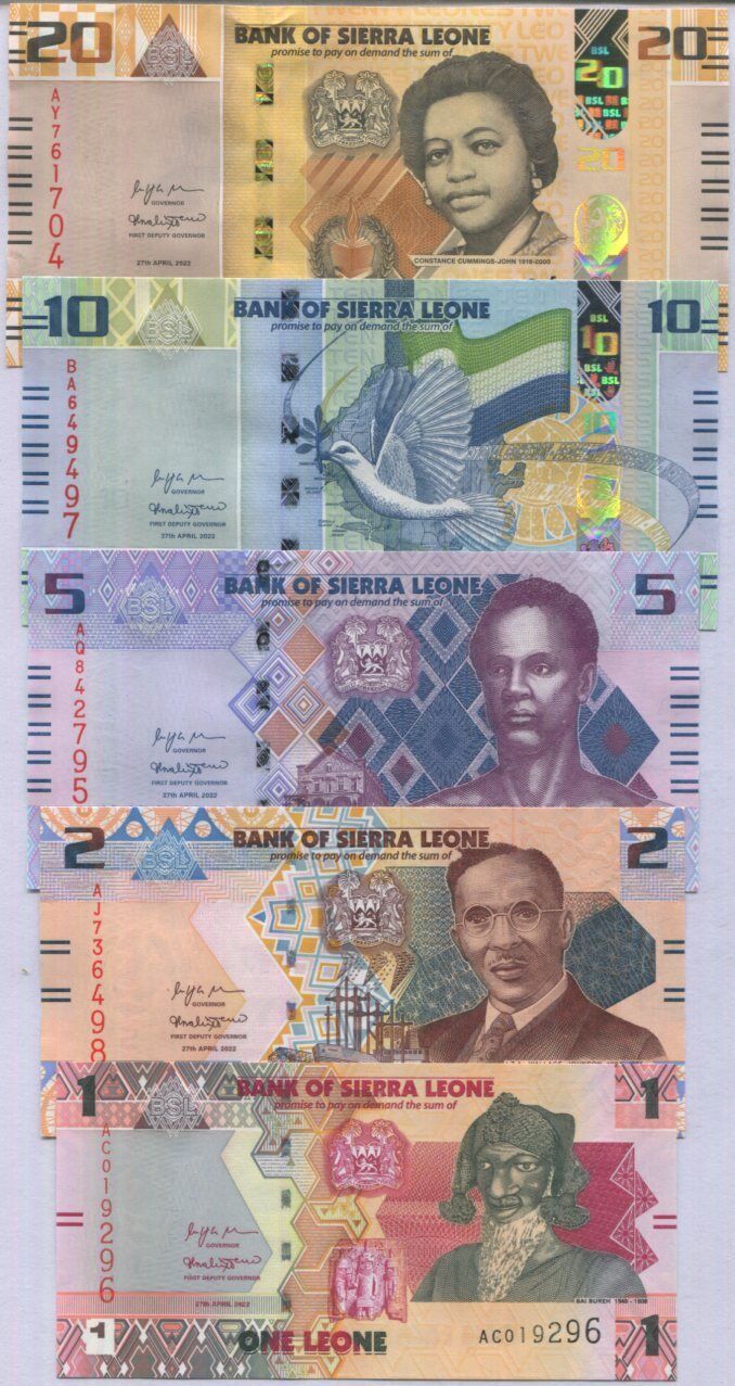 Sierra Leone Set 5 AU 1 2 5 10 20 Leones 2022 P New Design (CUT ZERO) AUnc