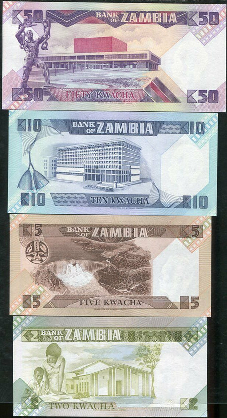 Zambia Set 4 Pcs 2 5 10 50 Kwacha ND 1980 P 24 25 26 28 UNC