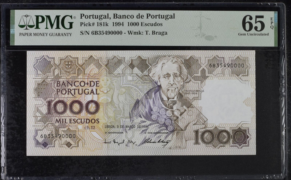 Portugal 1000 Escudos 1994 P 181 k Gem UNC PMG 65 EPQ