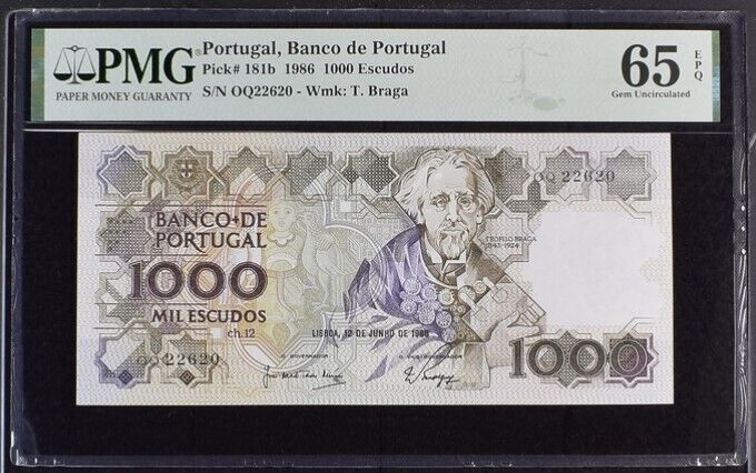Portugal 1000 Escudos 1986 P 181 b Gem UNC PMG 65 EPQ