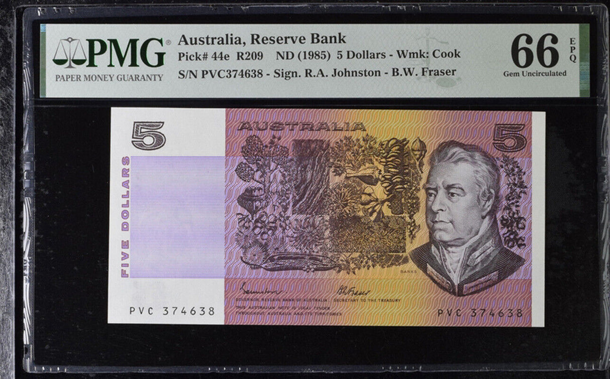Australia 5 Dollars 1985 P 44 e Gem UNC PMG 66 EPQ